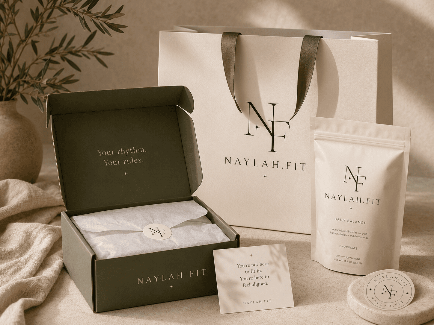 An olive Naylah gift box wrapped in tissue paper