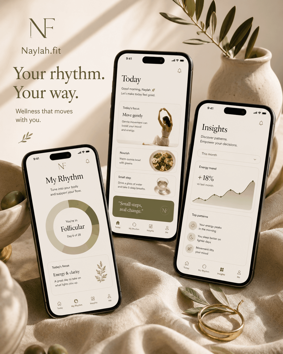 Three phones showing the Today, My Rhythm, and Insights screens of Naylah.fit