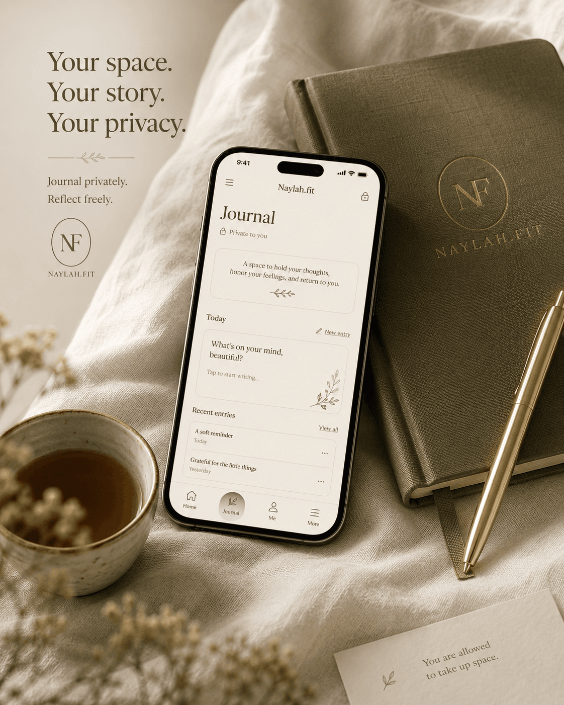 Naylah journal screen beside a linen journal — your space, your story, your privacy