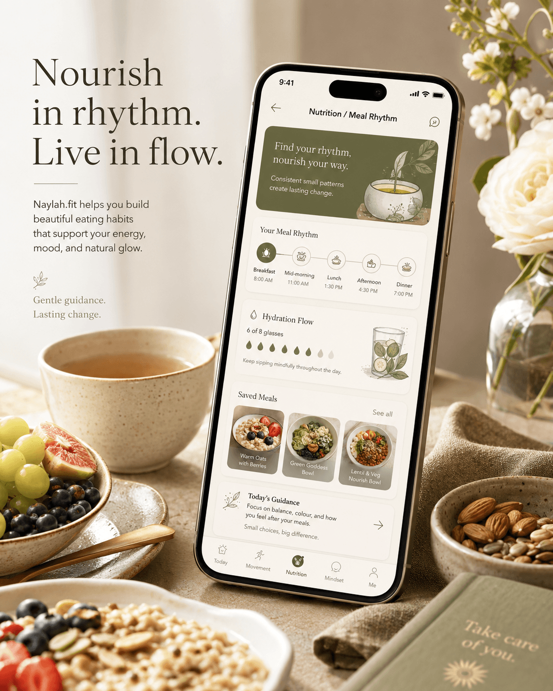 Meal Rhythm screen on a breakfast table — nourish in rhythm, live in flow