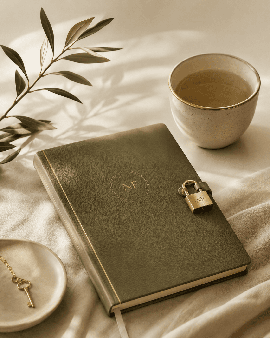 An olive Naylah journal closed with a brass padlock beside a cup of tea
