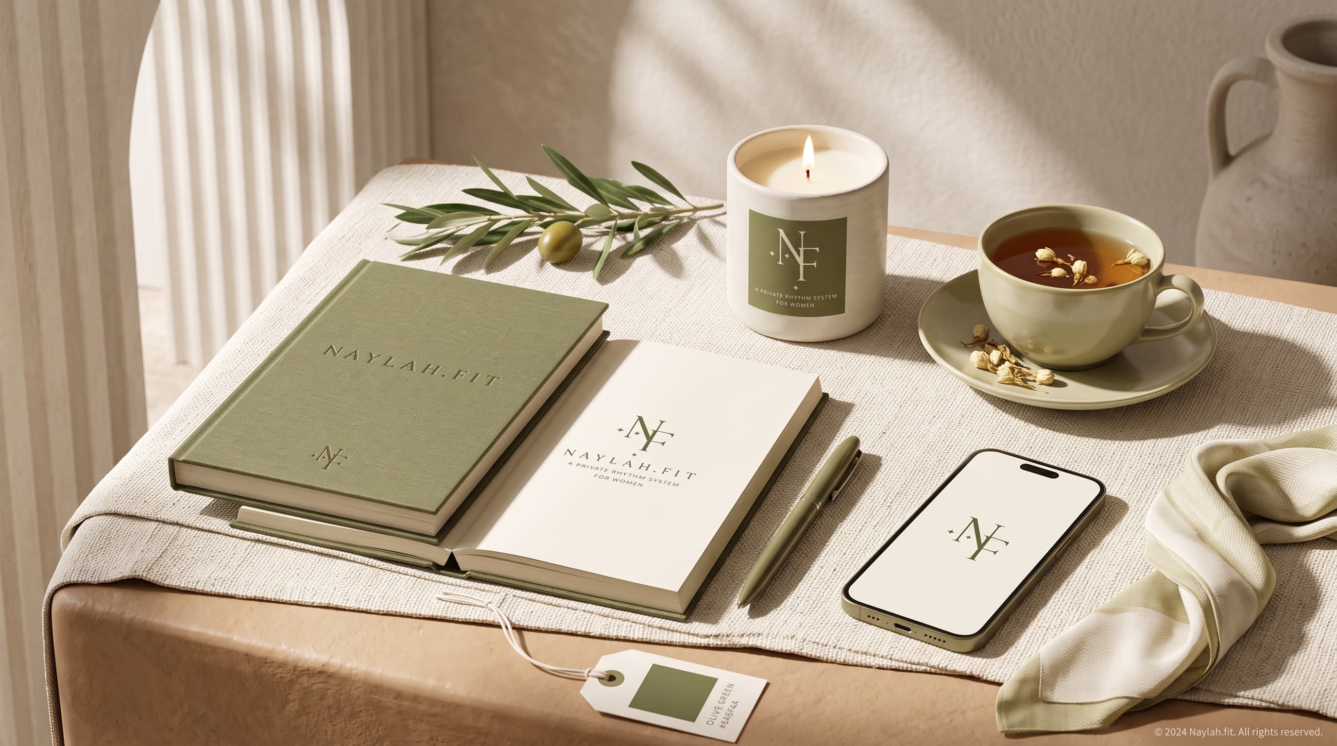 A Naylah still life — linen journal, lit candle, tea, and phone on a sunlit table